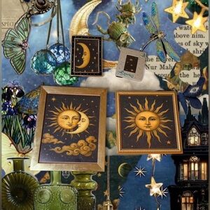Vintage 90s Whimsygoth Celestial Sun, Moon, & Stars Framed Wall Art